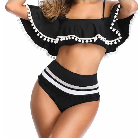 Two Piece Bikini Black Flounce High Rise Swimsuit - Picture 3 of 7